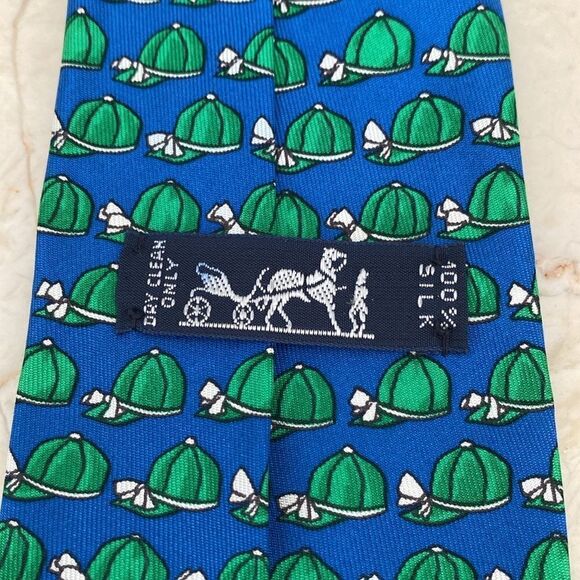 Hermes 100% Silk Blue & Green Horse Jockey Hat (684 OA) Tie - Picture 7 of 10